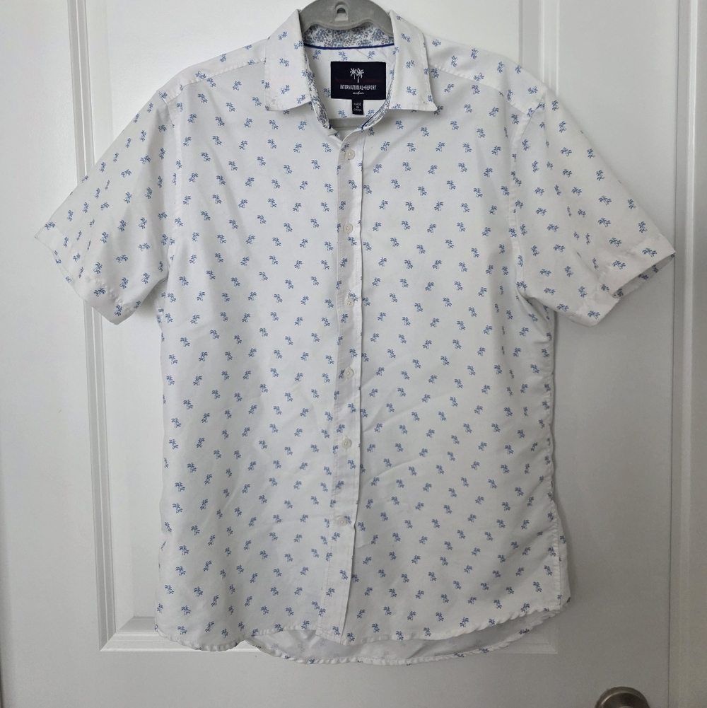 Original Penguin White Short-Sleeve Button-Down with Blue Micro Palm Print